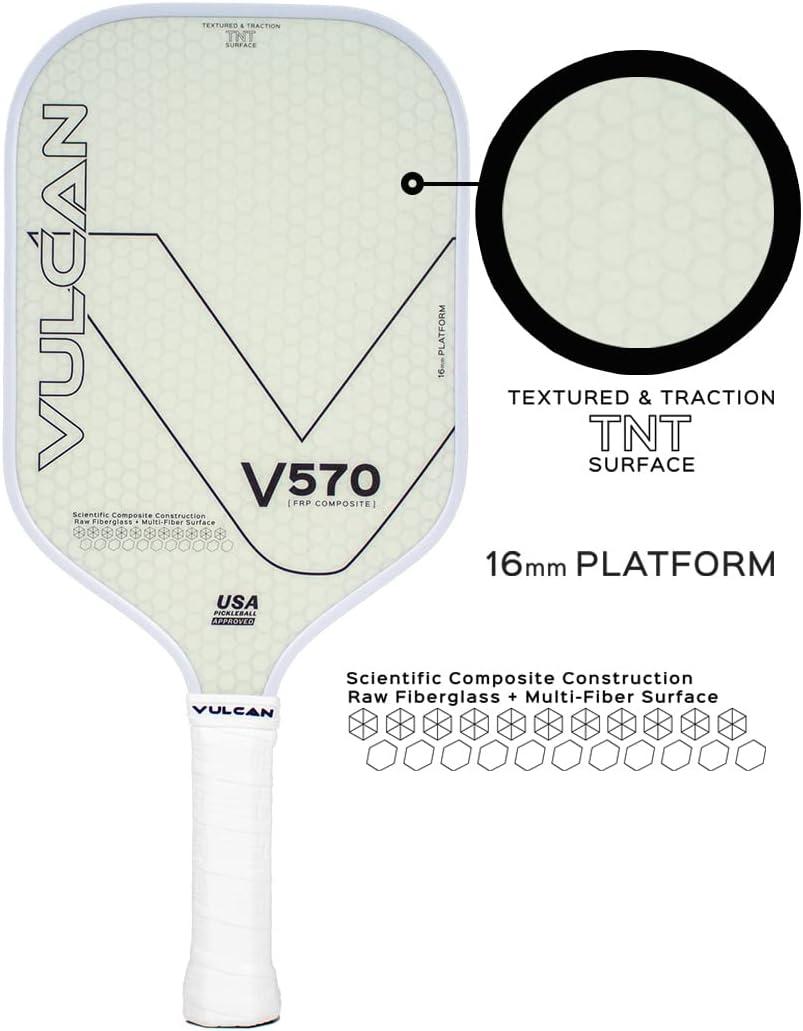 imageVulcan  V570 Pickleball Paddle  High Performance  Polypropylene Core  USAP Approved  Multiple Surface OptionsWhiteout  Raw Fiberglass Surface  Power